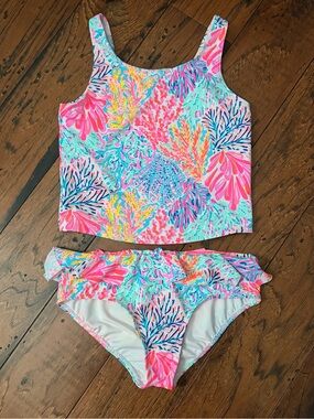 Lilly Pulitzer Girls Coral Reef Two-Piece Tankini in Pink, Aqua & Yellow
